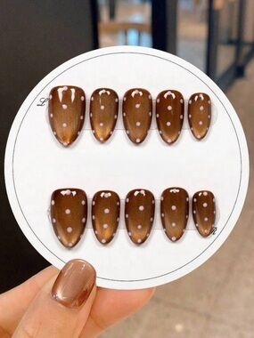 Brown Polka Dot Press-On Nails - Women Makeup Press-On Nails
